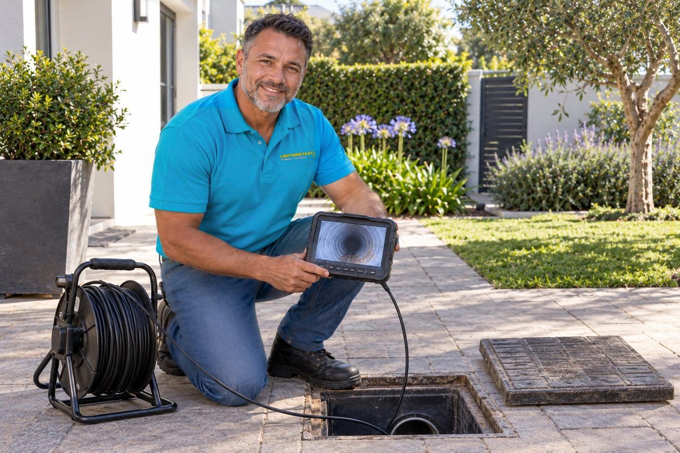 Technician using a drain camera to inspect a blocked drain in the Southern Suburbs