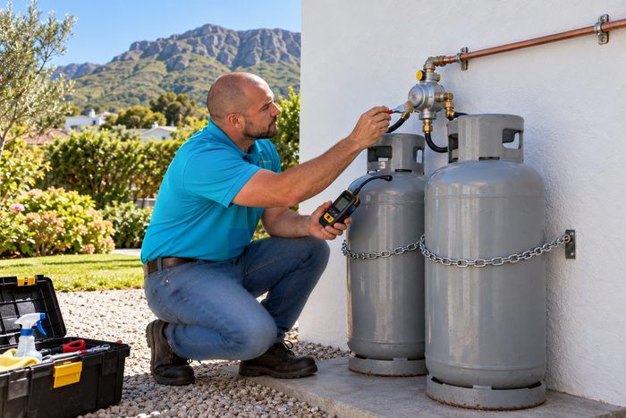 Technician leak-testing the regulator on two gas cylinders mounted outside a Southern Suburbs home