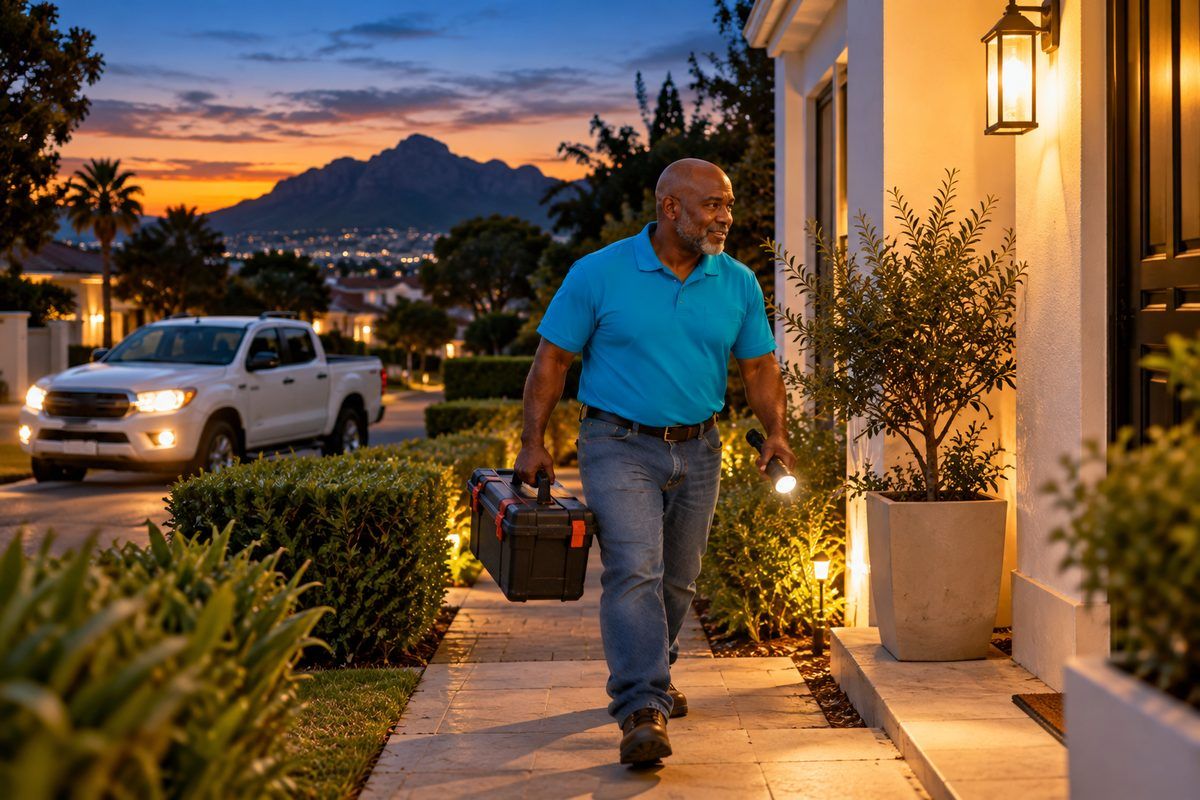 A Lightning Fast plumber arriving at a front door at dusk with a toolbox and torch