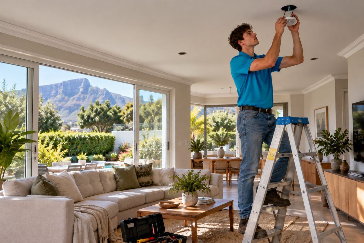 Technician fitting a ceiling light from a ladder