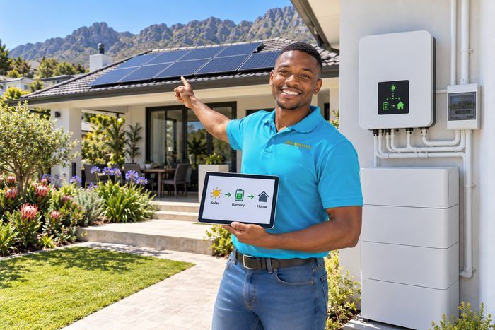 Technician pointing to solar panels with battery storage installed