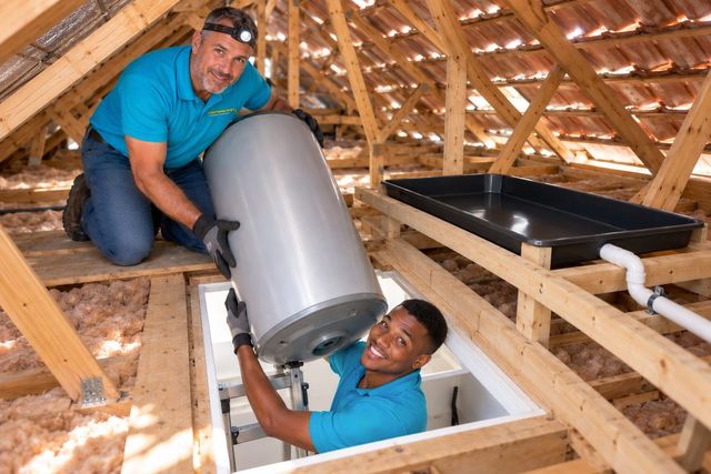 Plumber replacing an old electric geyser in a home's roof space