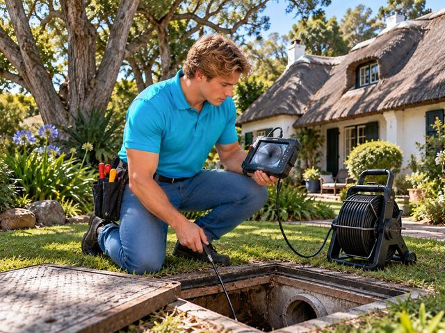 A Lightning Fast plumber running a drain camera into a garden inspection chamber beside a thatched cottage