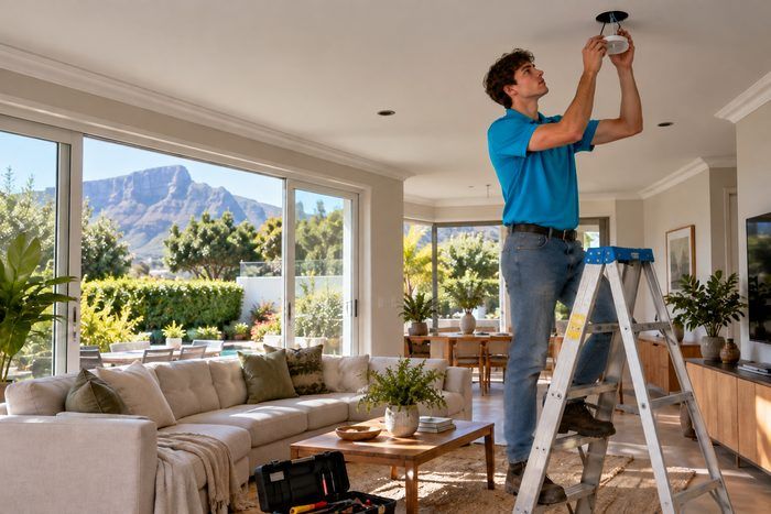 Technician fitting a ceiling downlight from a ladder