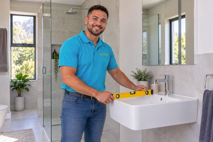 Technician levelling a newly fitted bathroom basin
