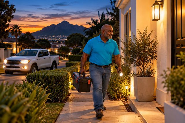 A Lightning Fast plumber arriving at a front door at dusk with a toolbox and torch