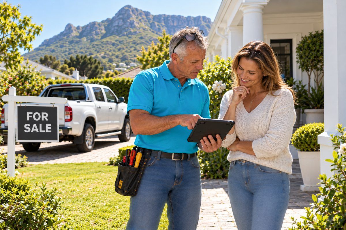 A Lightning Fast plumber showing a home seller the compliance report on a tablet next to a for sale sign