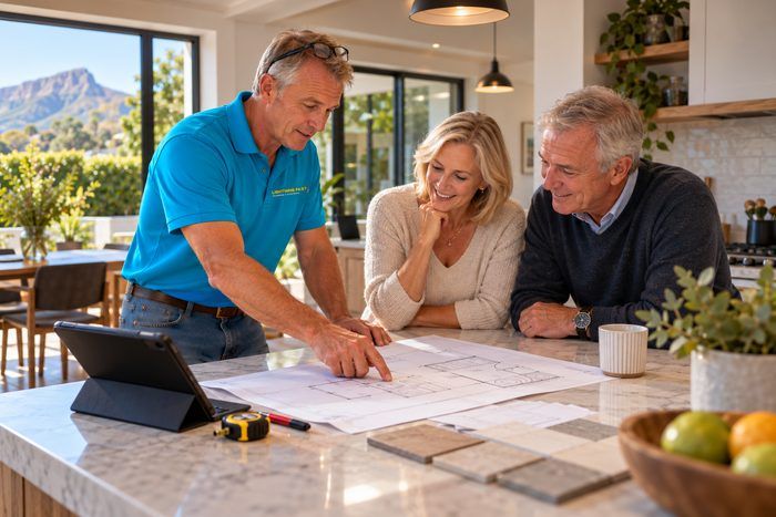Technician talking a couple through plans at their kitchen island