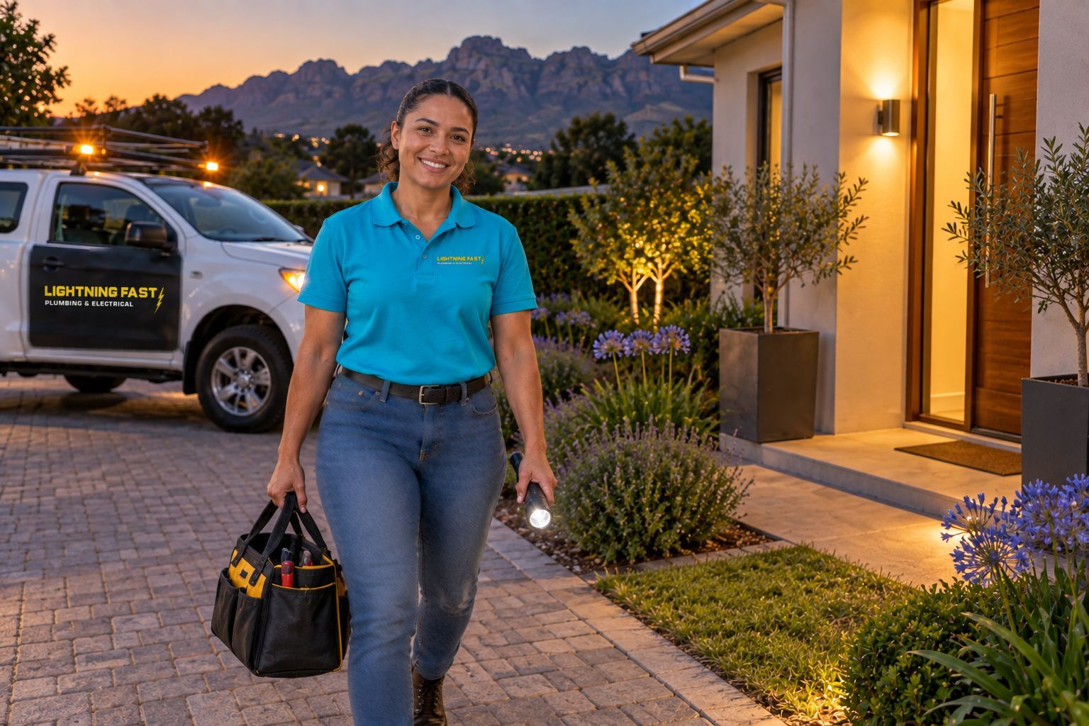 Lightning Fast technician arriving at a Southern Suburbs home at dusk, tool bag in hand