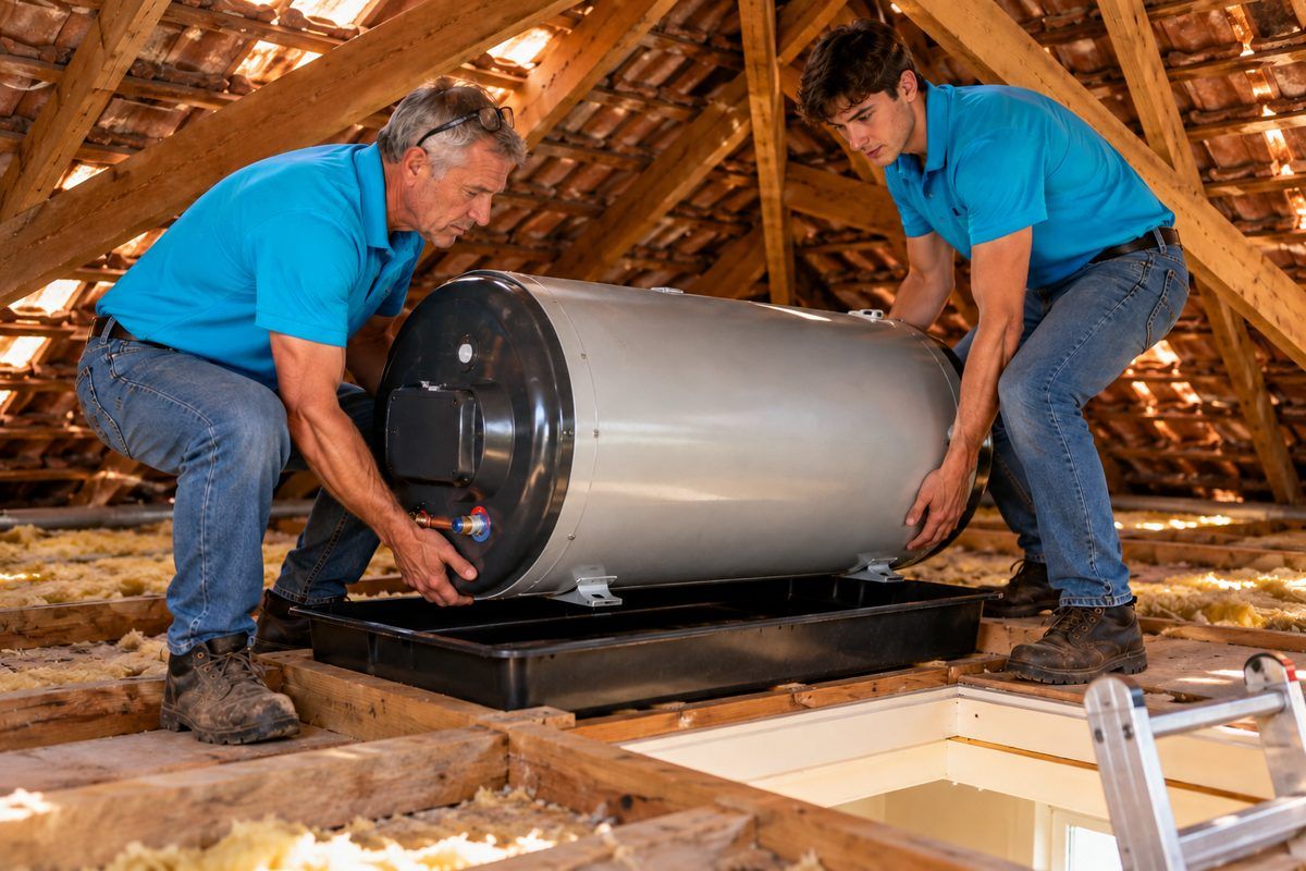 Two Lightning Fast plumbers lifting a new geyser up through the ceiling hatch towards its drip tray