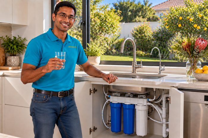 Technician beside an under-sink water filtration unit