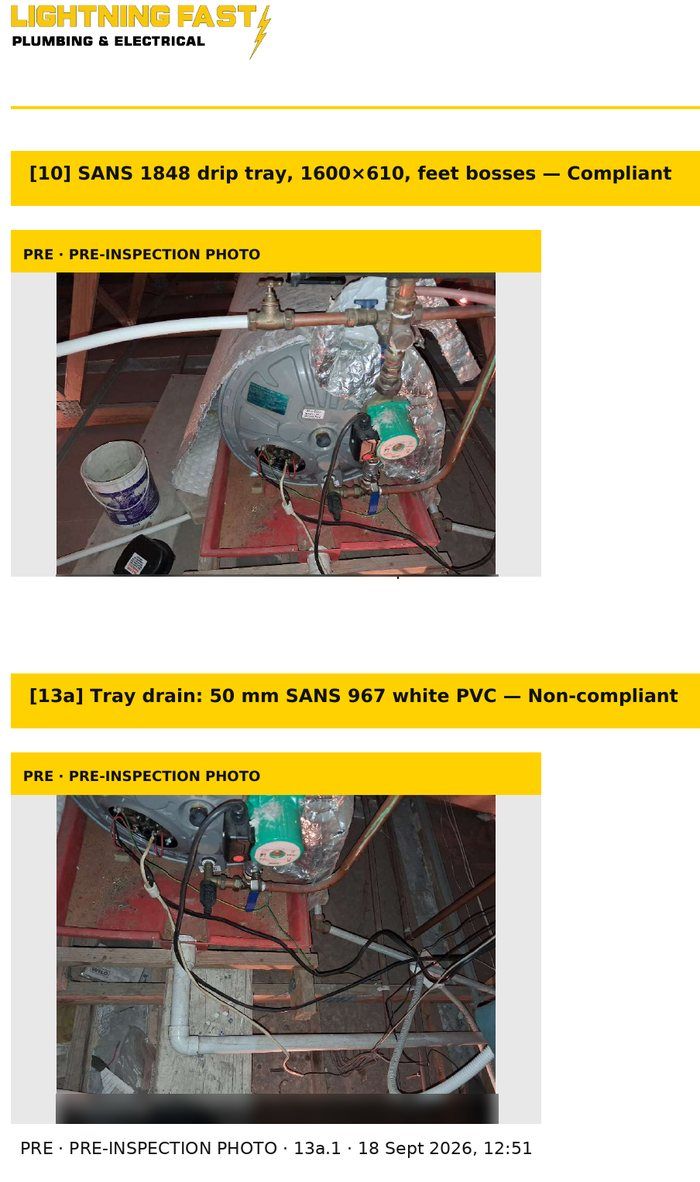 Two items from a Lightning Fast pre-inspection report: a drip tray marked compliant and a tray drain marked non-compliant, each with a date- and time-stamped photo