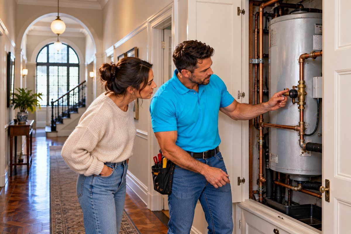 A Lightning Fast plumber showing a resident the valves on a geyser in a hallway cupboard