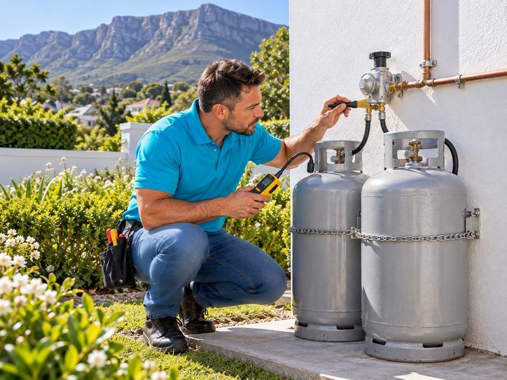 Lightning Fast gas technician leak-testing the regulator on two gas cylinders mounted outside a Southern Suburbs home