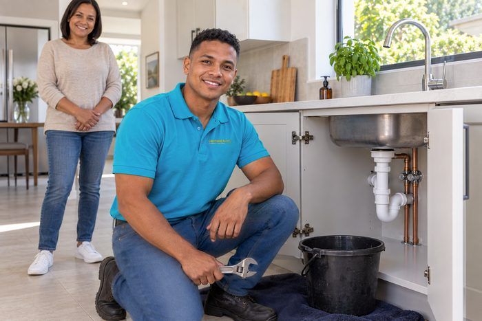 Technician repairing a leak under a kitchen sink