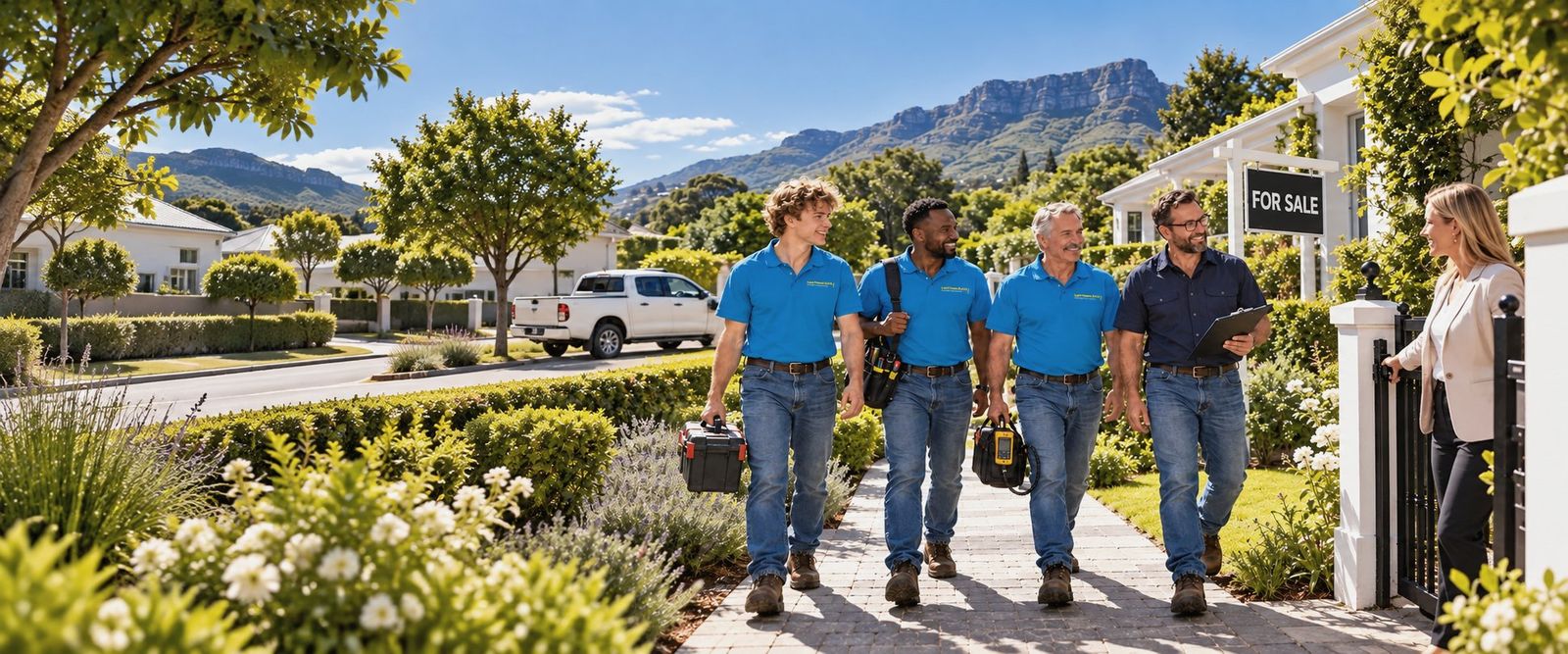 A Lightning Fast plumber, electrician and gas technician arriving together with a timber inspector, greeted by an estate agent at the gate of a house for sale