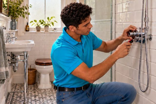 Plumber fitting a new shower mixer in a cottage bathroom