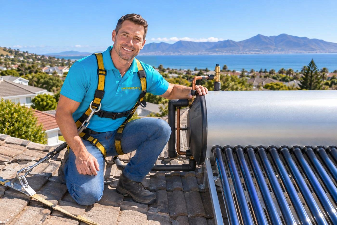 Solar geyser installation on a rooftop in the Southern Suburbs, Cape Town