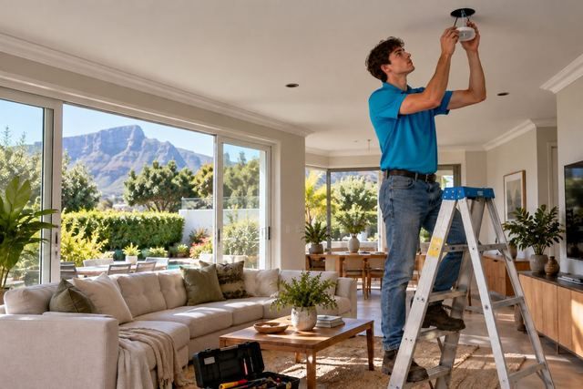 Technician fitting a ceiling light from a ladder