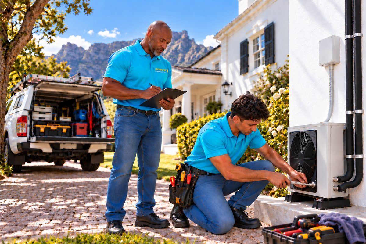 A Lightning Fast plumber connecting a heat pump water heater beside a large white house below the mountain