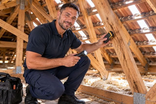 Inspector checking roof trusses with a torch and moisture meter
