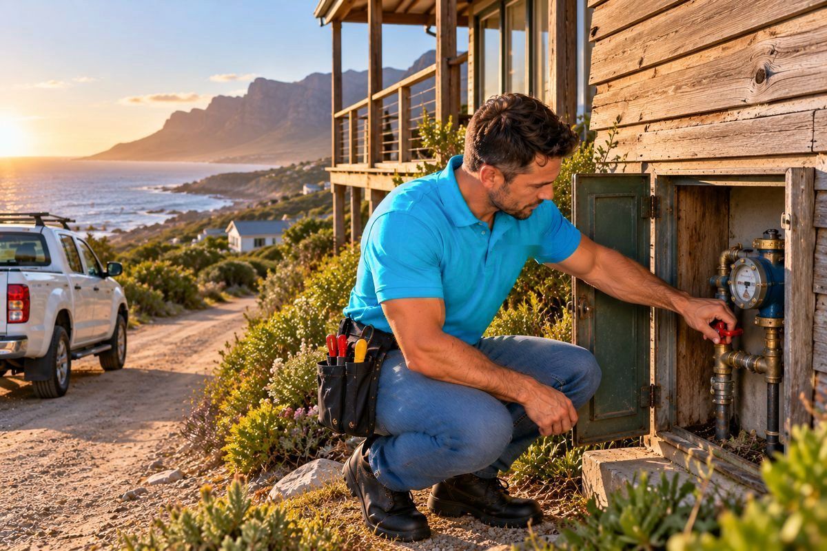 A Lightning Fast plumber closing the water valve in the meter box of a timber holiday house above the Atlantic
