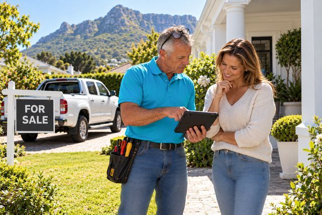 A Lightning Fast plumber showing a home seller the compliance report on a tablet next to a for sale sign