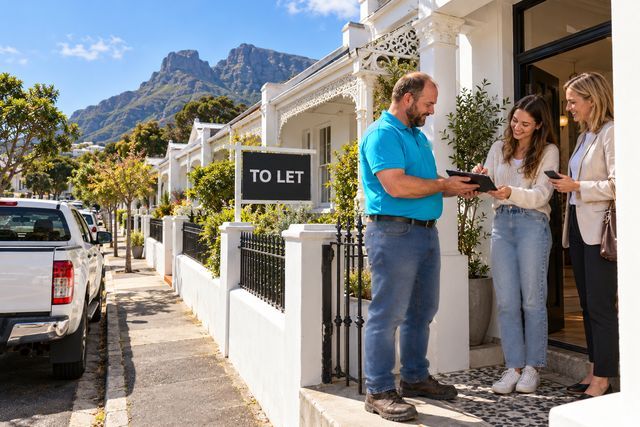 A Lightning Fast plumber holding out a tablet for a tenant to sign off a finished job, with the letting agent beside them