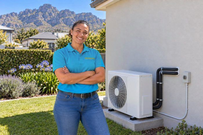 Technician beside a newly installed heat pump water heater